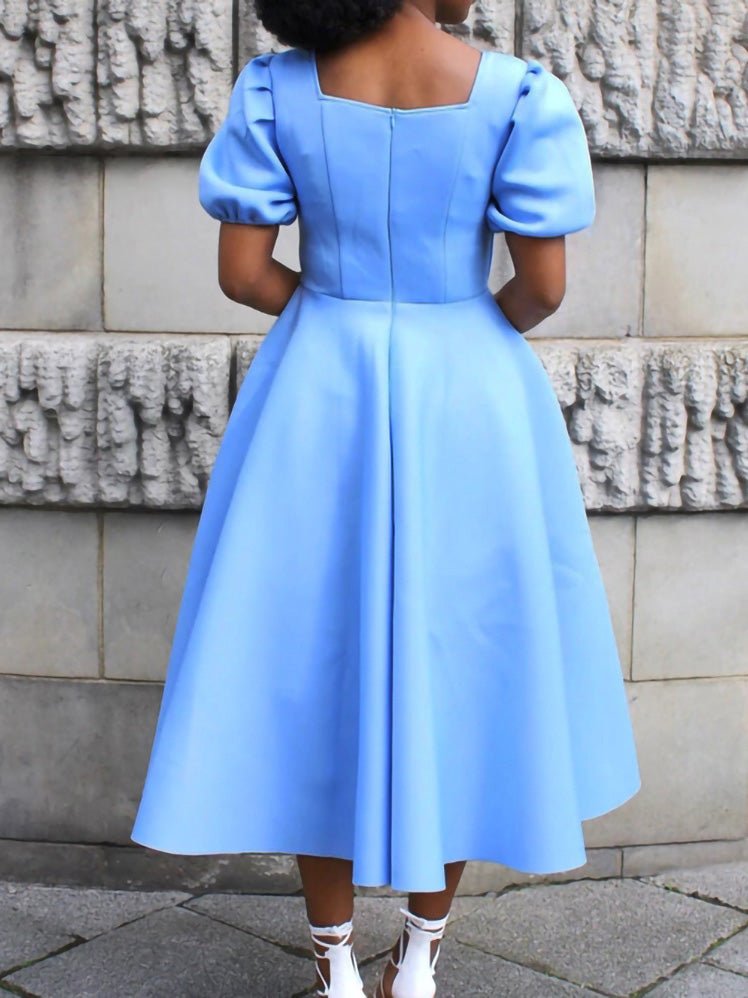 Solid Square Neck Short Sleeve Dress - Fashionpara