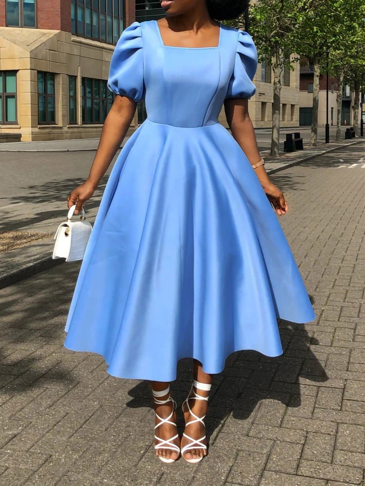 Solid Square Neck Short Sleeve Dress - Fashionpara