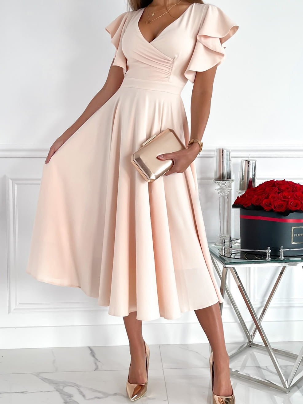 V-Neck Ruffle Sleeve Fit & Flare Midi Dress