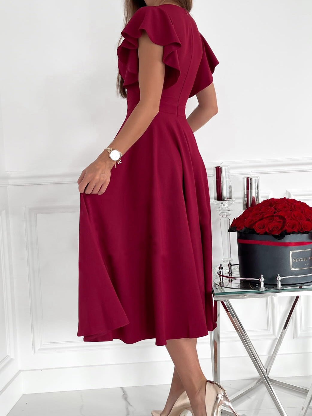 V-Neck Ruffle Sleeve Fit & Flare Midi Dress
