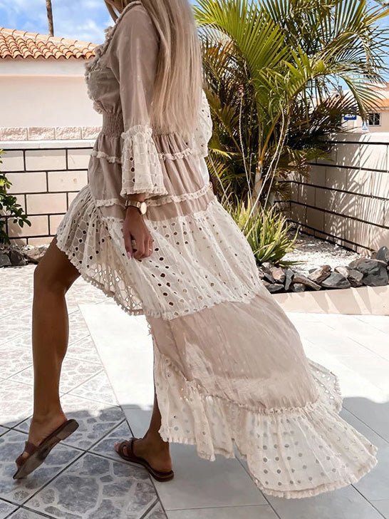V-Neck Lace Panel Ruffle Irregular Dress - Fashionpara
