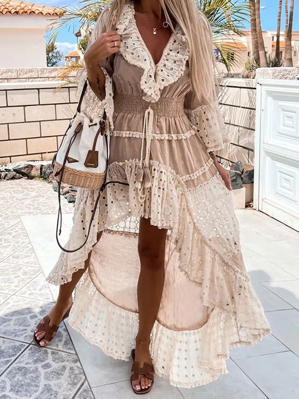 V-Neck Lace Panel Ruffle Irregular Dress - Fashionpara