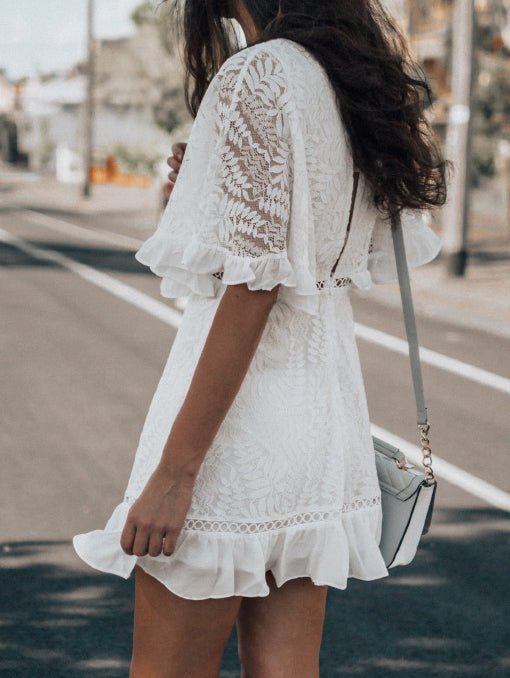 V Neck Lace Short Sleeve Ruffle Dress - View 3
