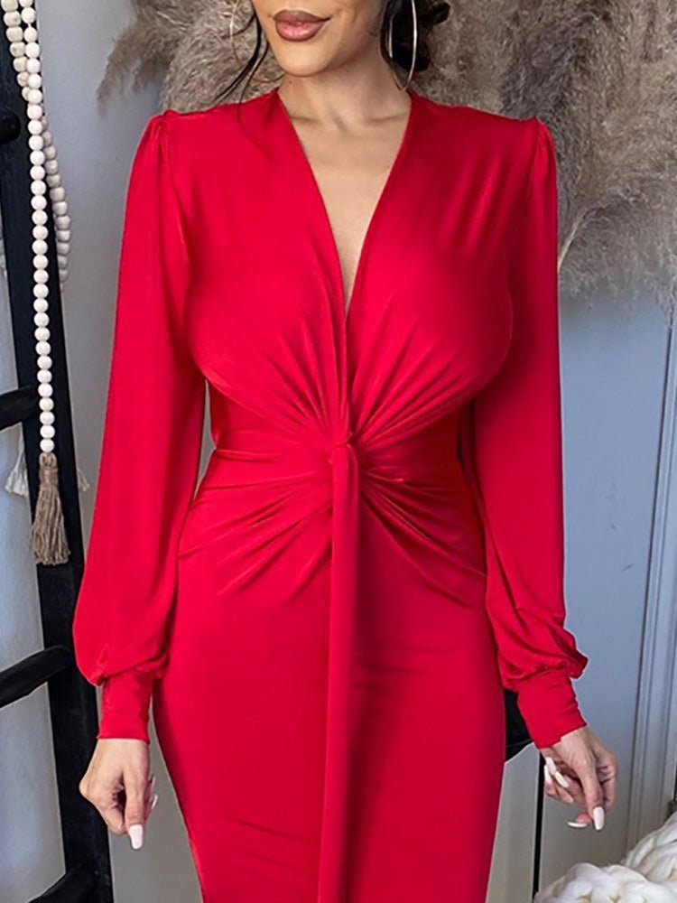 V Neck Long Sleeve Slim Fit Slit Dress - Fashionpara