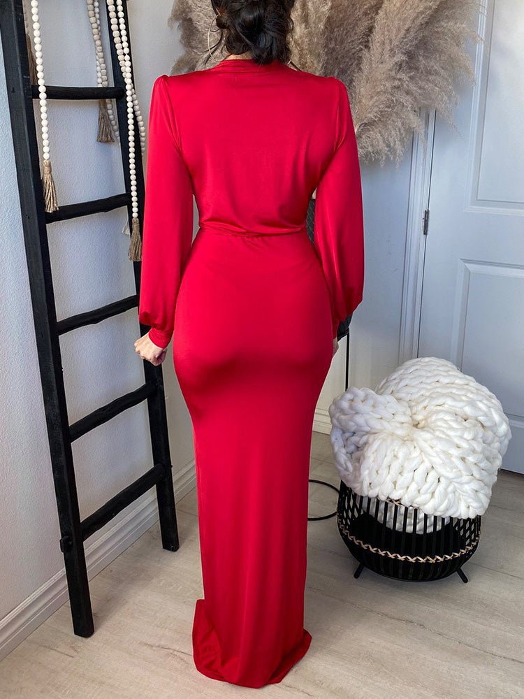 V Neck Long Sleeve Slim Fit Slit Dress - Fashionpara