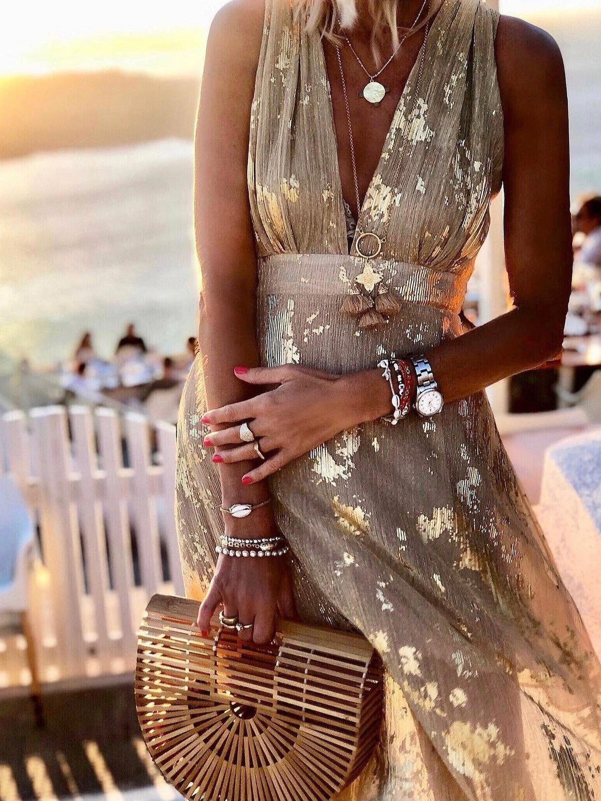 Foil Print Plunge V-Neck Sleeveless Maxi Dress 6