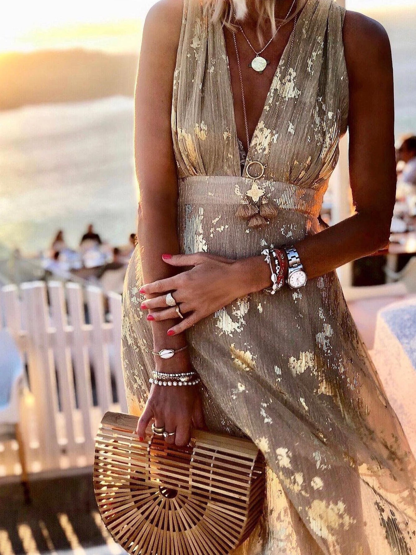 V-Neck Print Hot Stamping Maxi Dress - Fashionpara