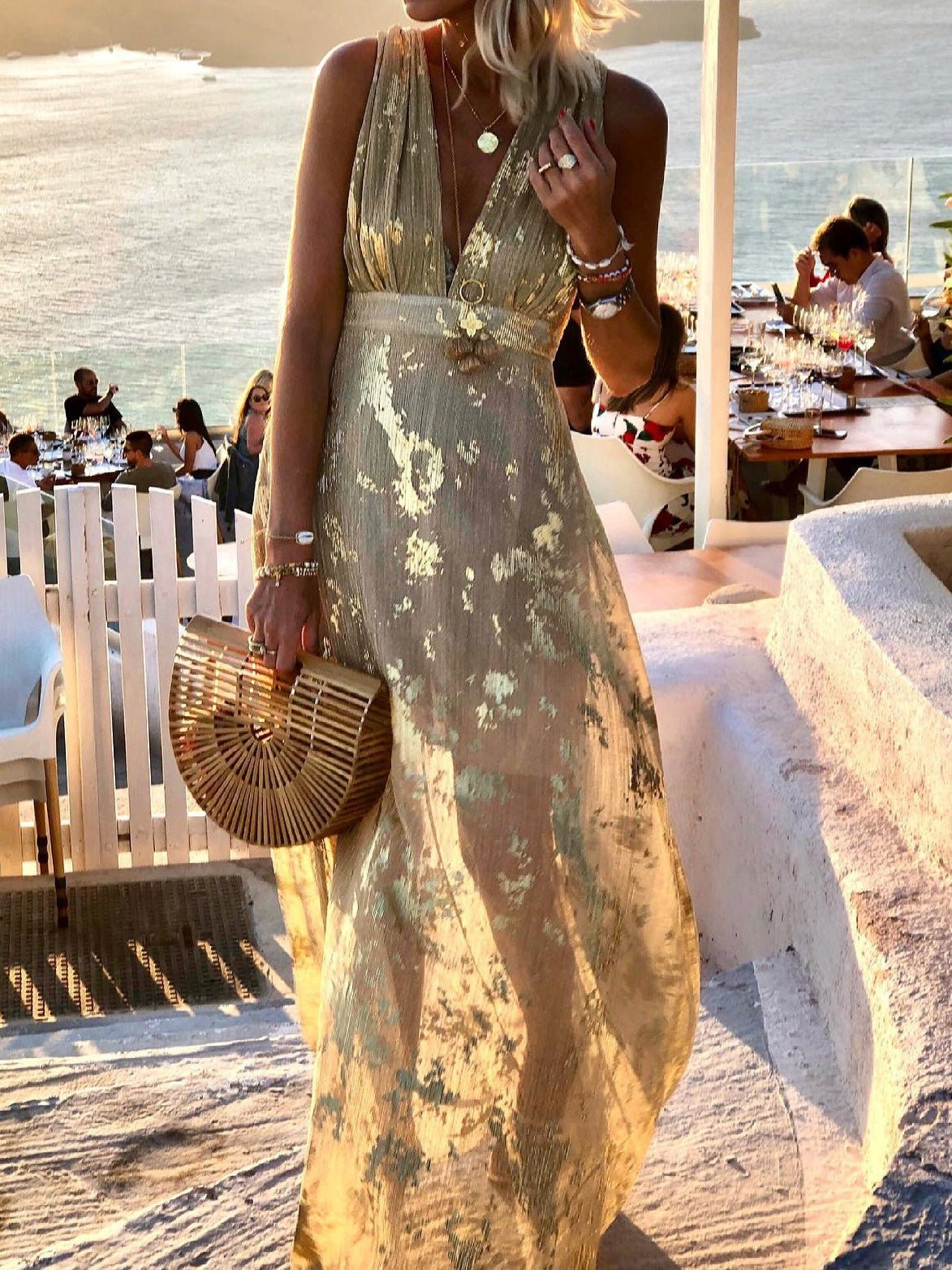 V-Neck Print Hot Stamping Maxi Dress - Fashionpara
