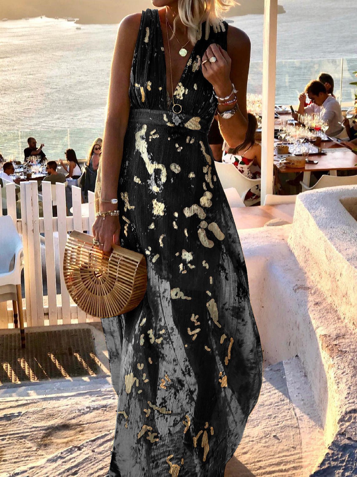 V-Neck Print Hot Stamping Maxi Dress - Fashionpara