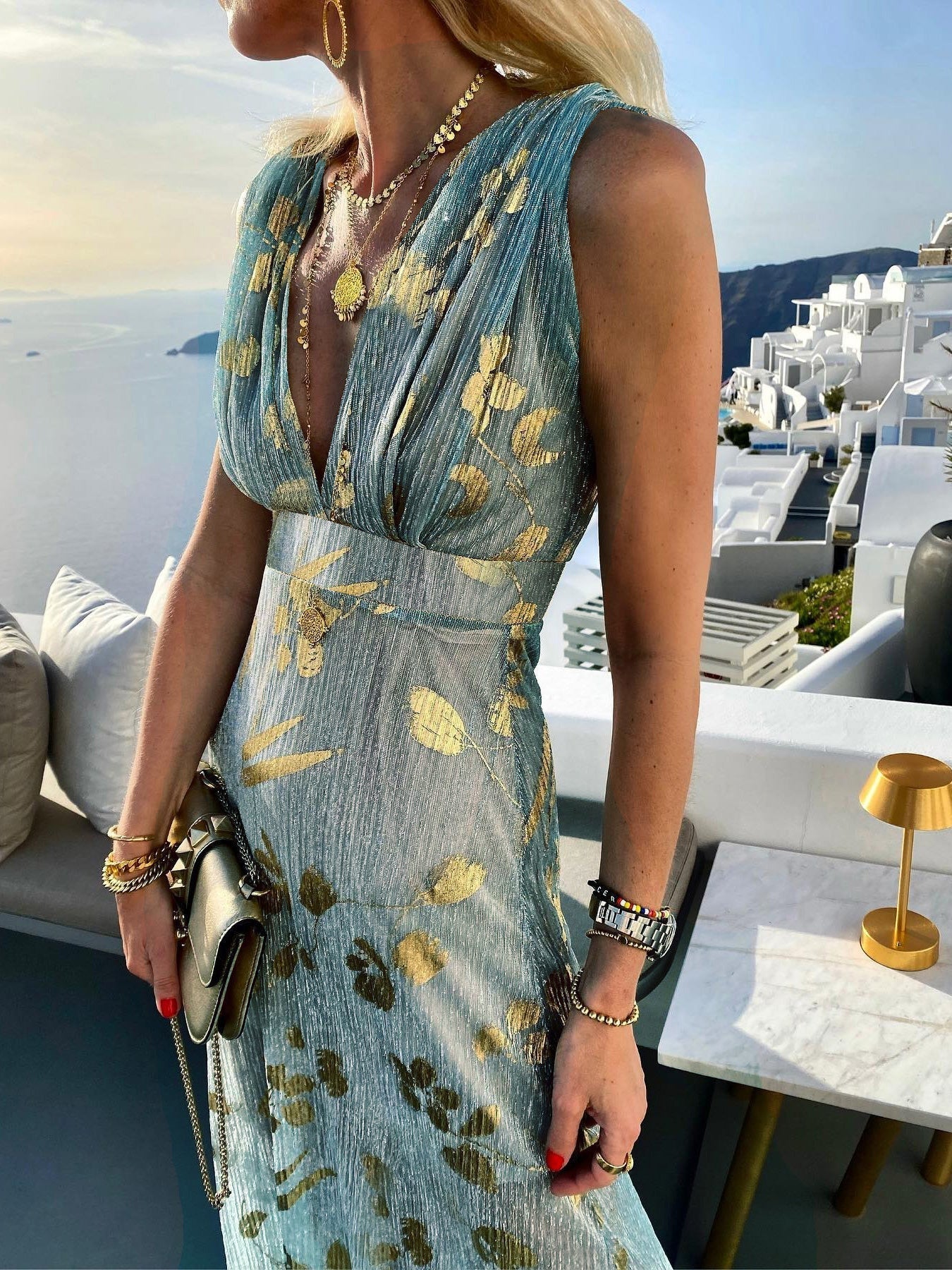 V-Neck Print Hot Stamping Maxi Dress - Fashionpara
