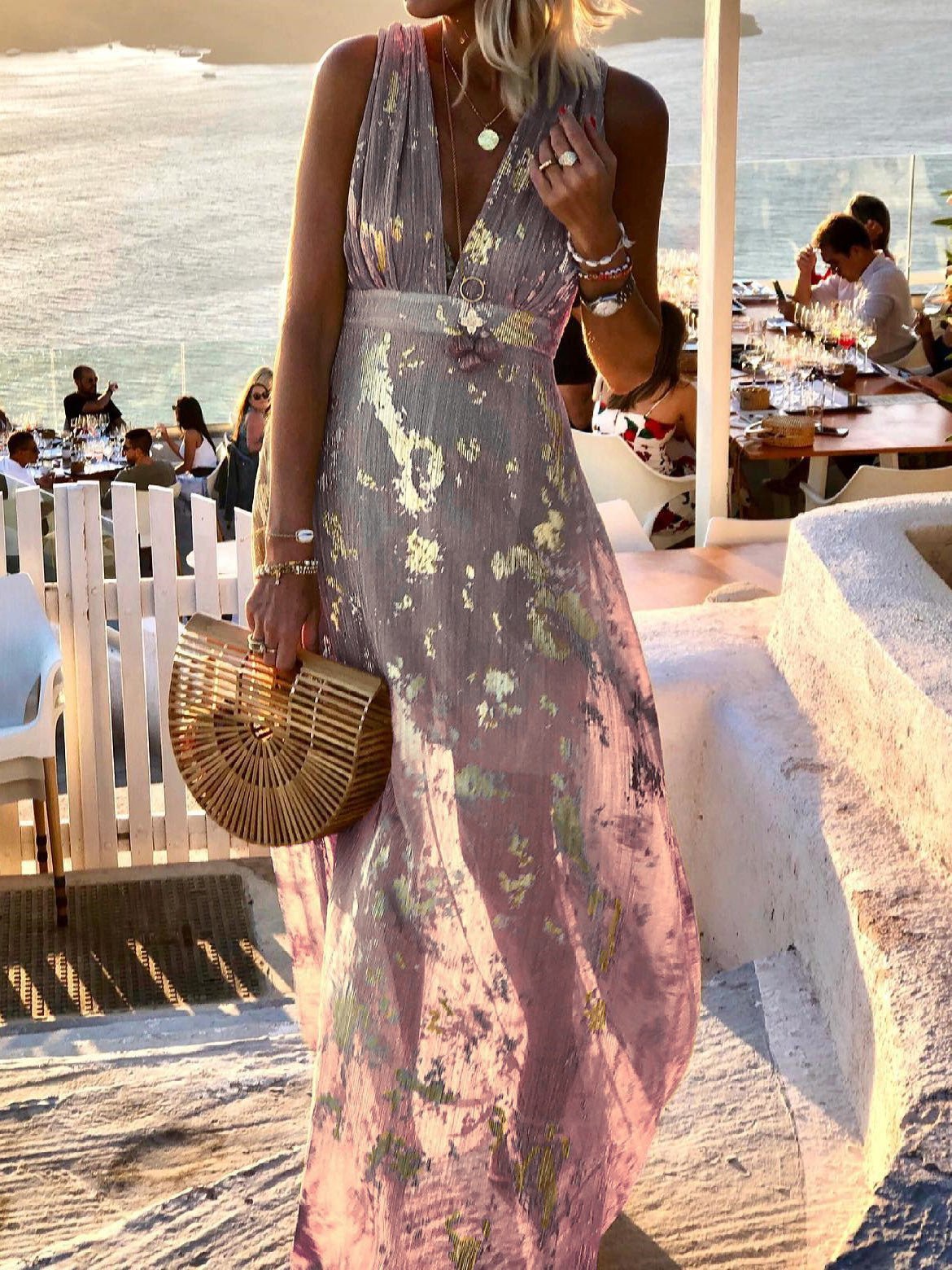 V-Neck Print Hot Stamping Maxi Dress - Fashionpara