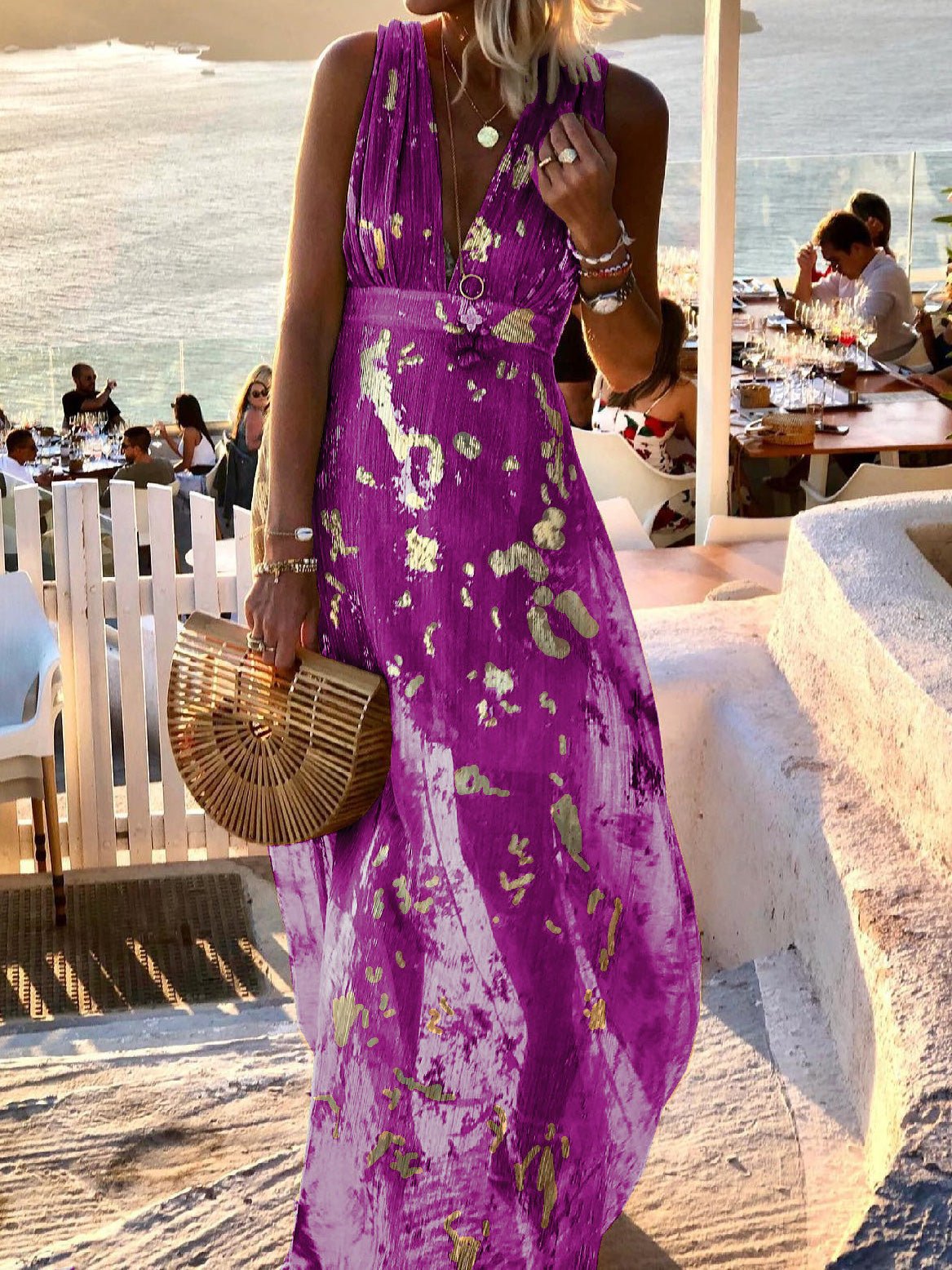 V-Neck Print Hot Stamping Maxi Dress - Fashionpara
