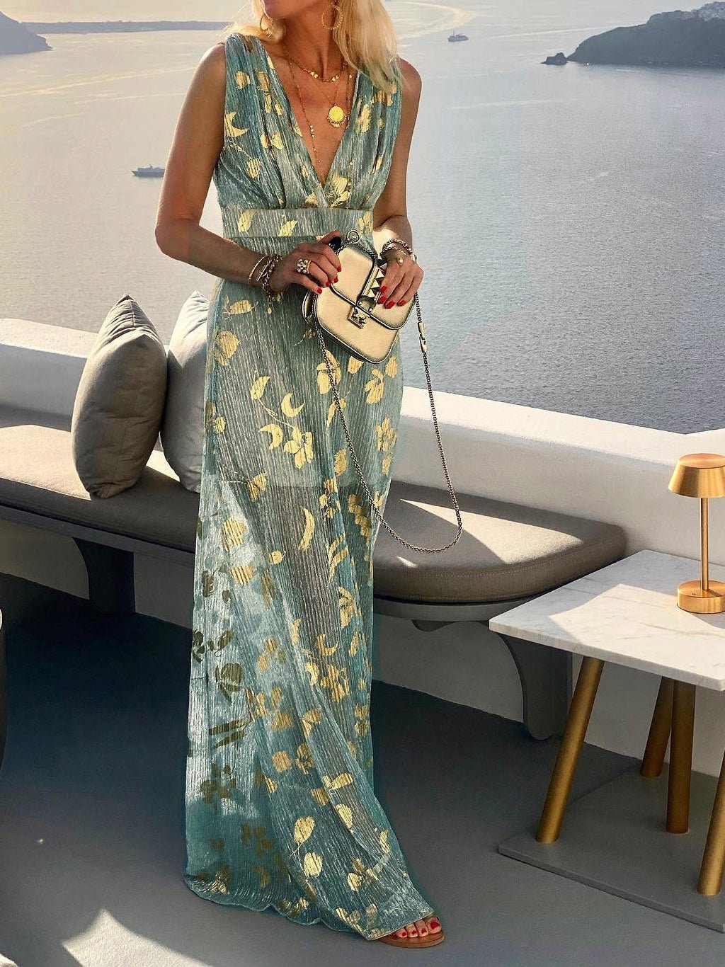 V-Neck Print Hot Stamping Maxi Dress - Fashionpara