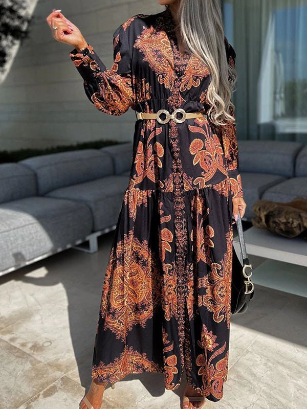 Vintage Print Long Sleeve Slit Dress