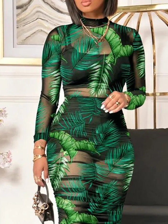 Vintage Print Mesh Long Sleeve Three Piece Dress - View 10