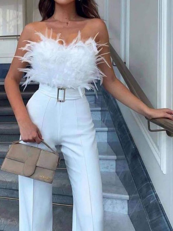 Feather Bandeau Belt Jumpsuit - Fashionpara