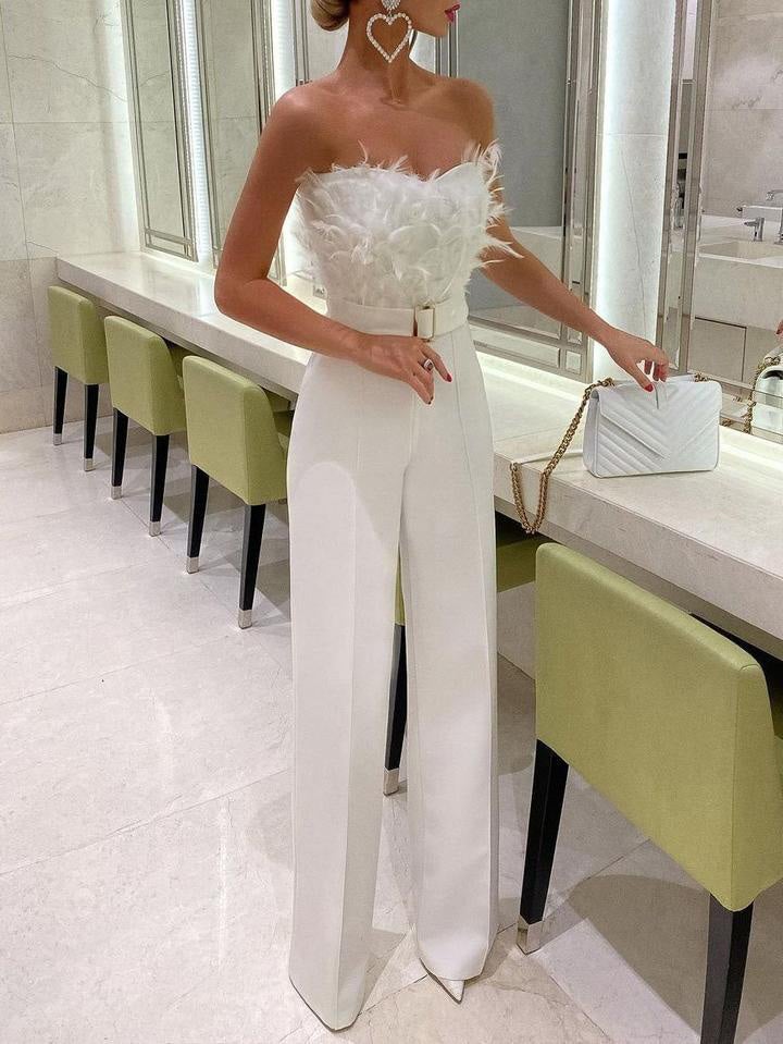 Feather Bandeau Belt Jumpsuit - Fashionpara