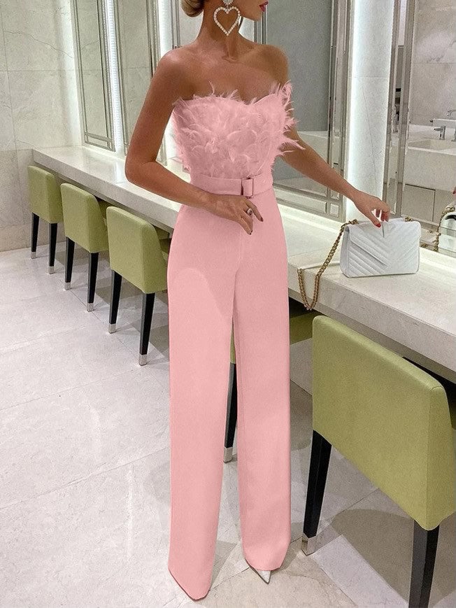 Feather Bandeau Belt Jumpsuit - Fashionpara
