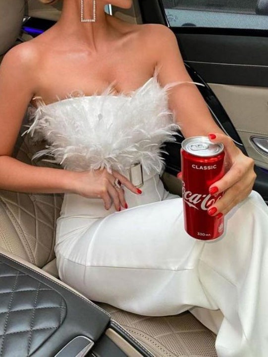 Feather Bandeau Belt Jumpsuit - Fashionpara