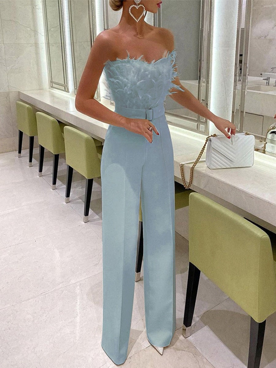 Feather Bandeau Belt Jumpsuit - Fashionpara
