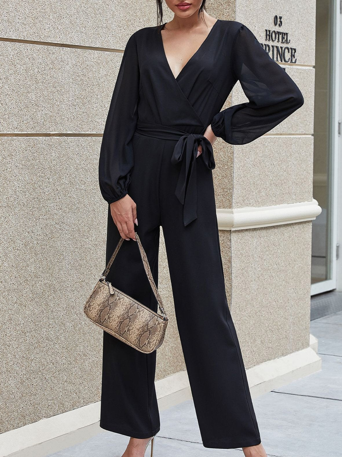 Lace-Up V-Neck High Waist Slim Straight-Leg Jumpsuit - Fashionpara