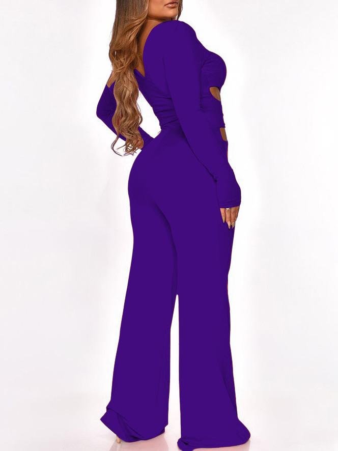 Long Sleeve Cut-Waist Skinny Jumpsuit - Fashionpara