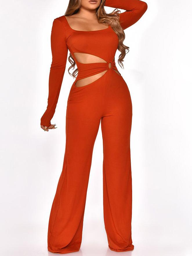 Long Sleeve Cut-Waist Skinny Jumpsuit - Fashionpara