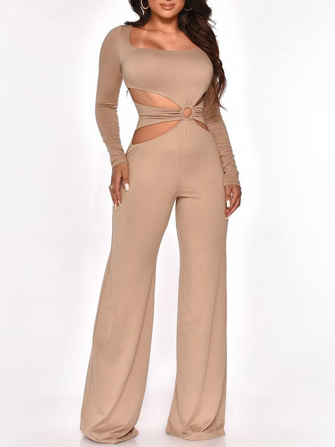 Long Sleeve Cut-Waist Skinny Jumpsuit - Fashionpara