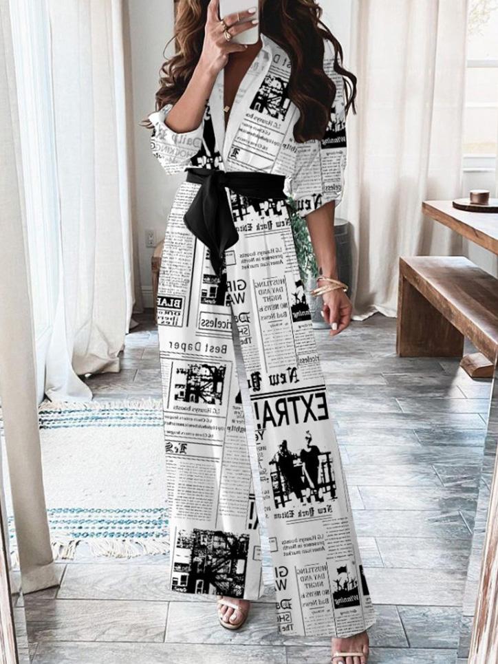Newspaper Print Long Sleeve Belt Temperament Jumpsuit - Fashionpara