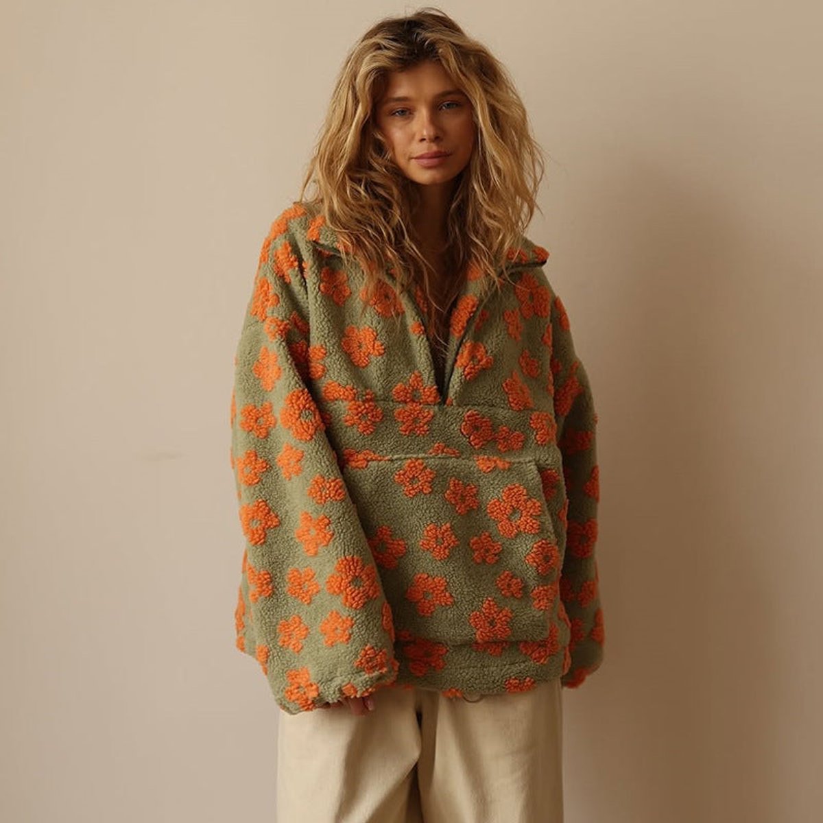 Floral Print Sherpa Fleece Half Zip Oversized Pullover 3
