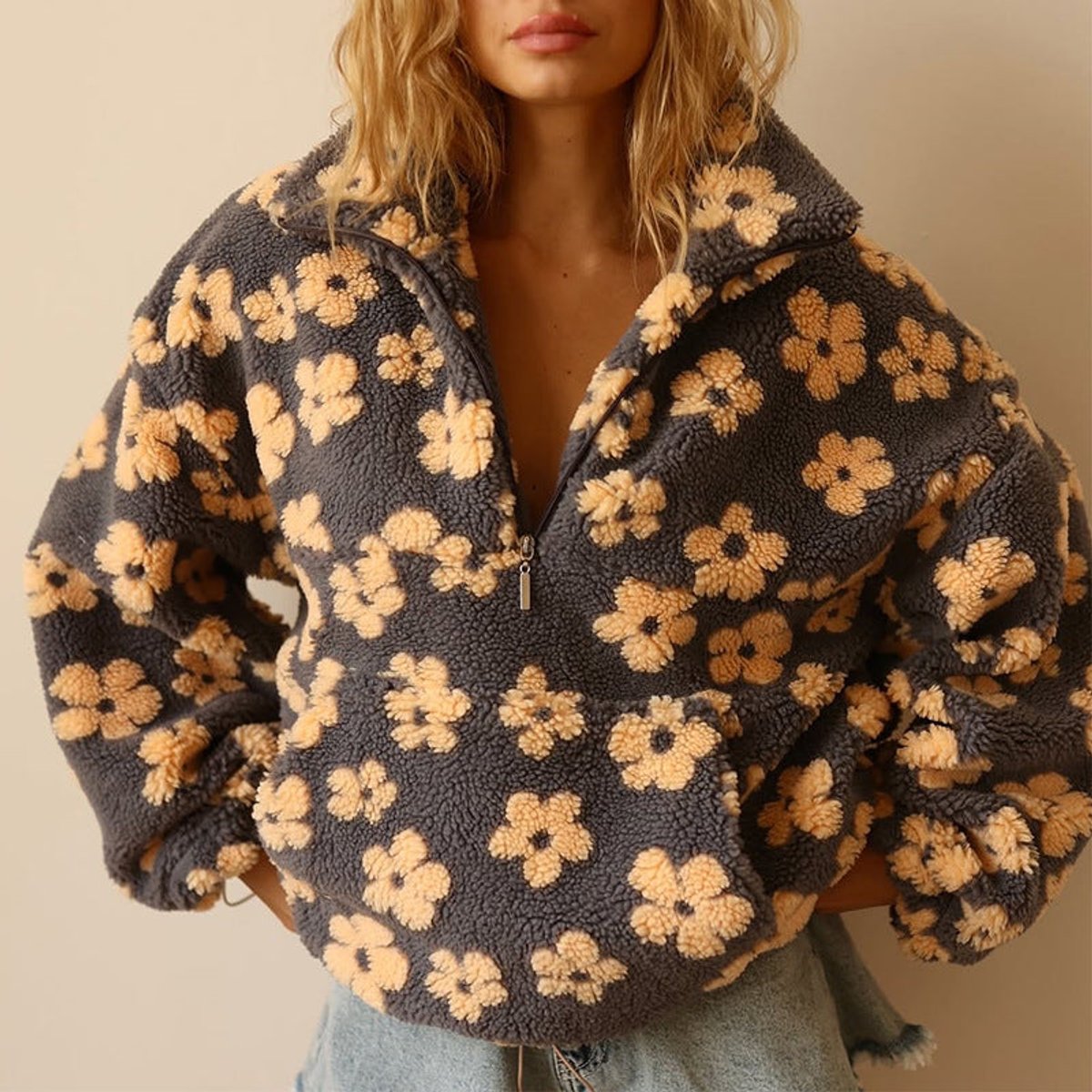 Floral Print Sherpa Fleece Half Zip Oversized Pullover 5