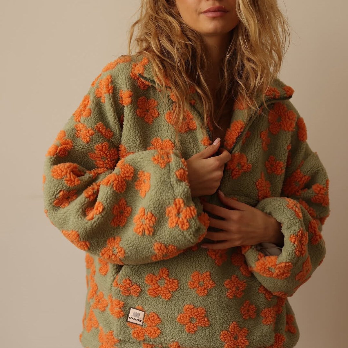 Floral Print Sherpa Fleece Half Zip Oversized Pullover 6