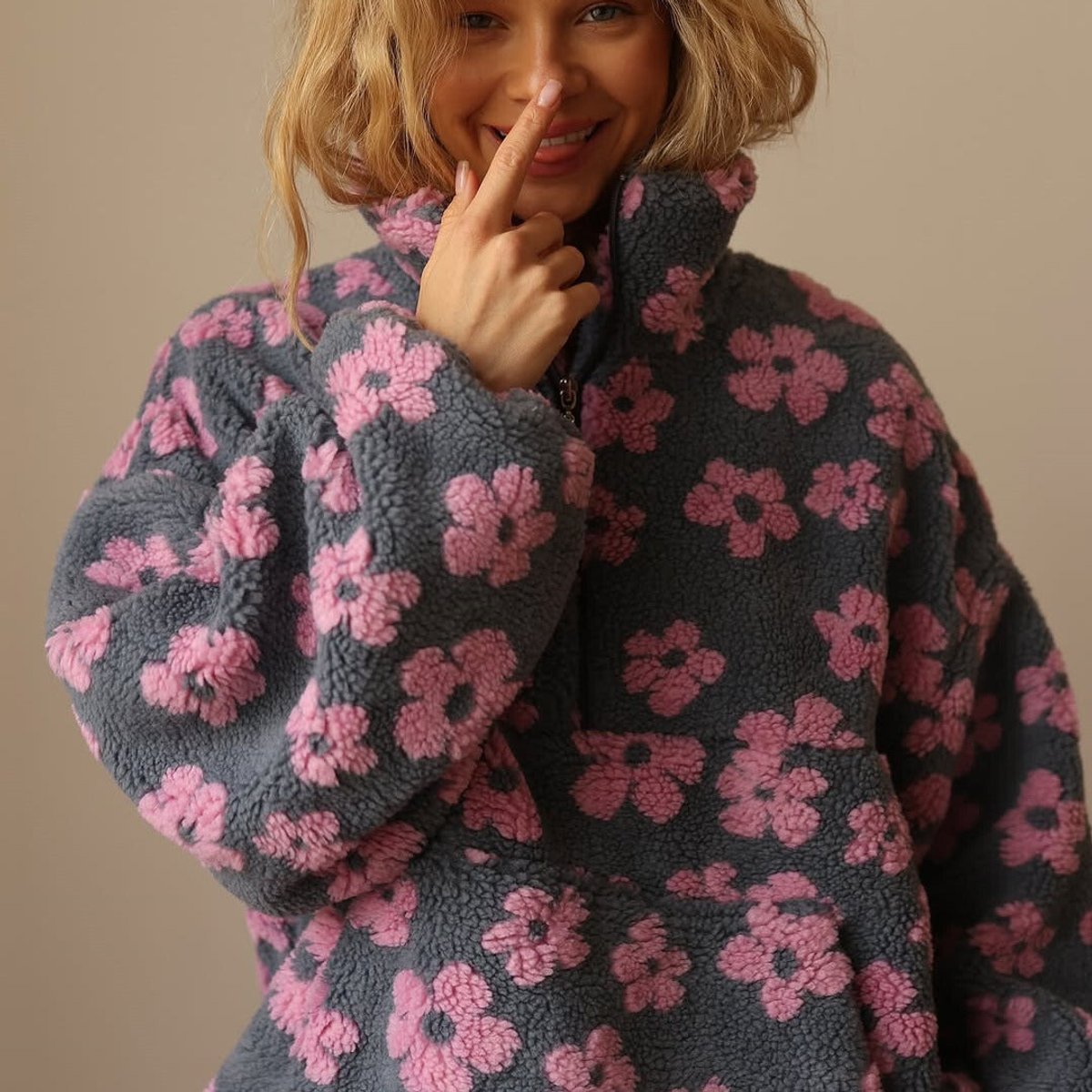 Floral Print Sherpa Fleece Half Zip Oversized Pullover 7