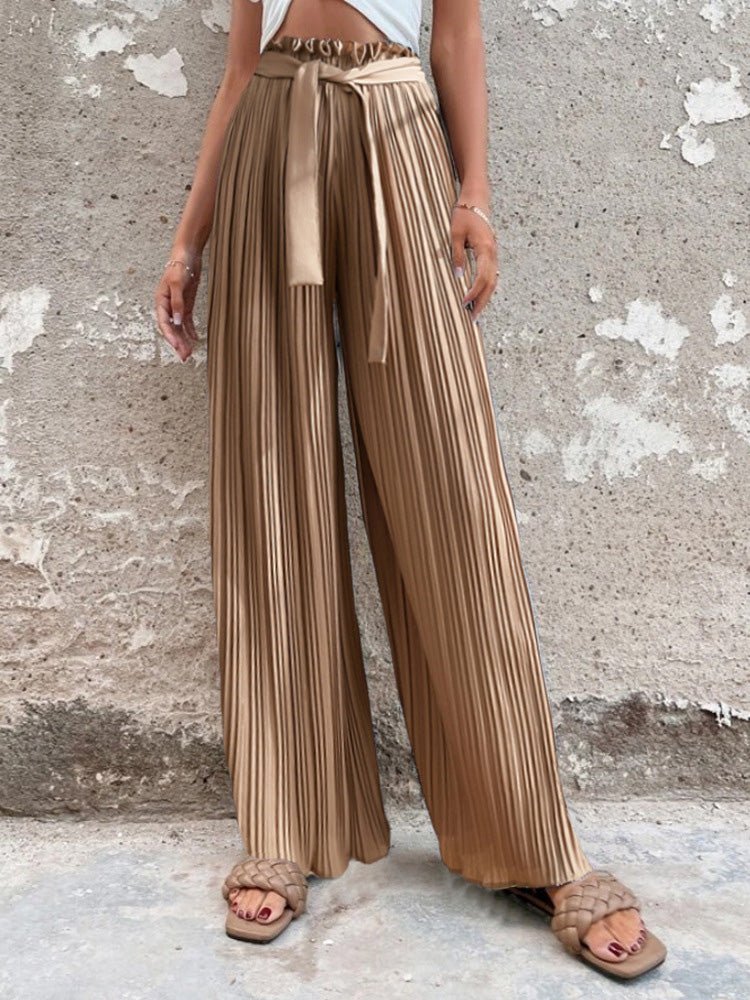 Pants Pleated Tie High Waist Straight Wide Leg Pants