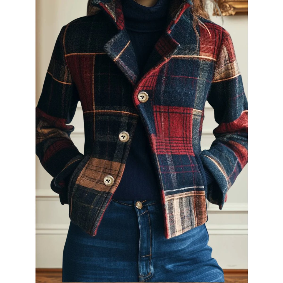 Plaid Notch Lapel Double Breasted Cropped Wool Look Jacket