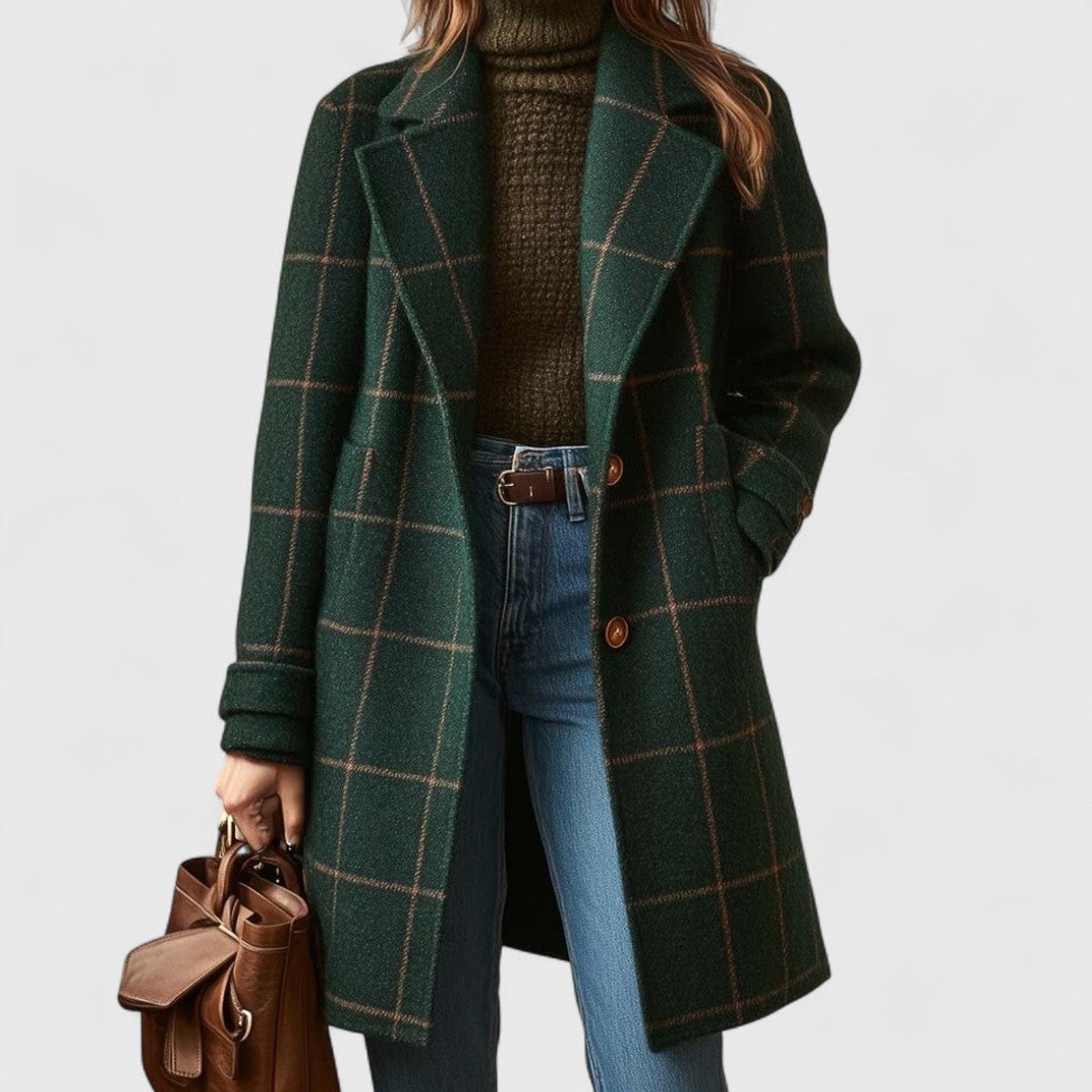 Windowpane Check Notch Lapel Longline Coat