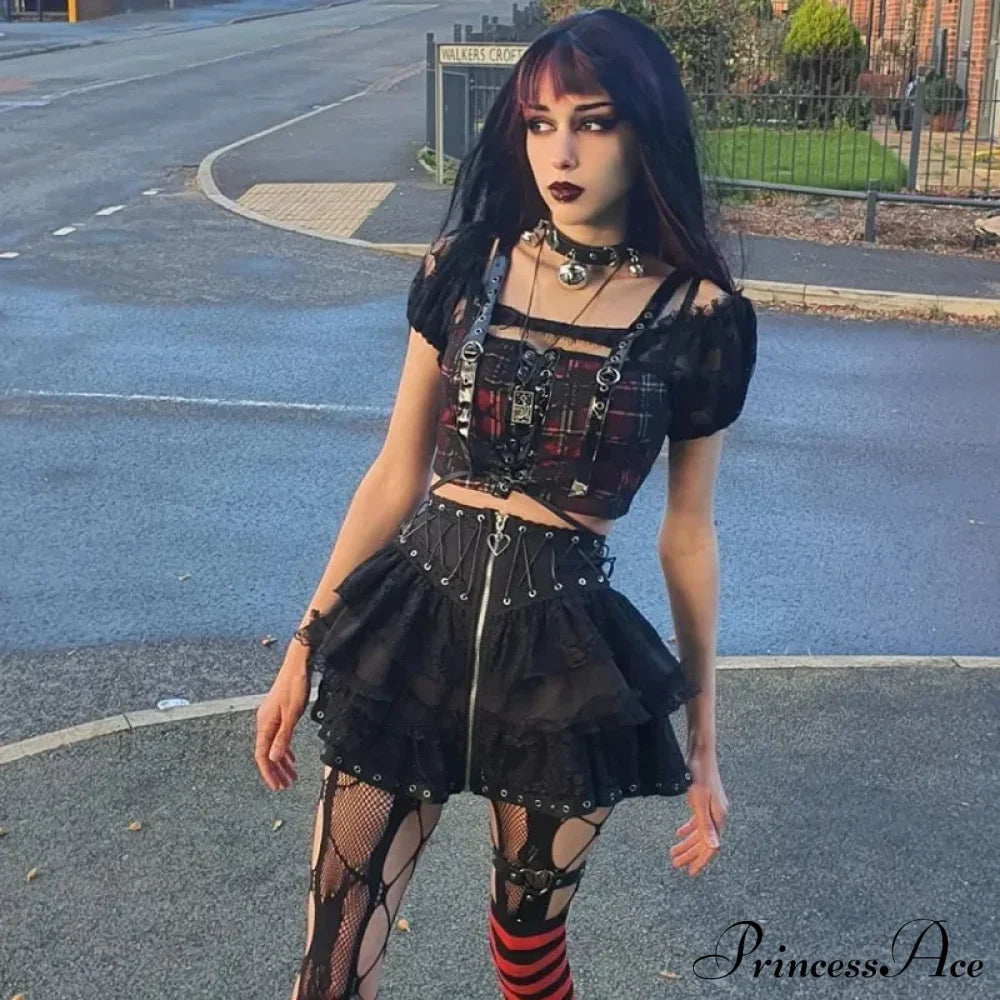 Women's Vintage High Waist Zipper Front Japanese Style Kawaii Black Harajuku Gothic Skater Mini Skirt