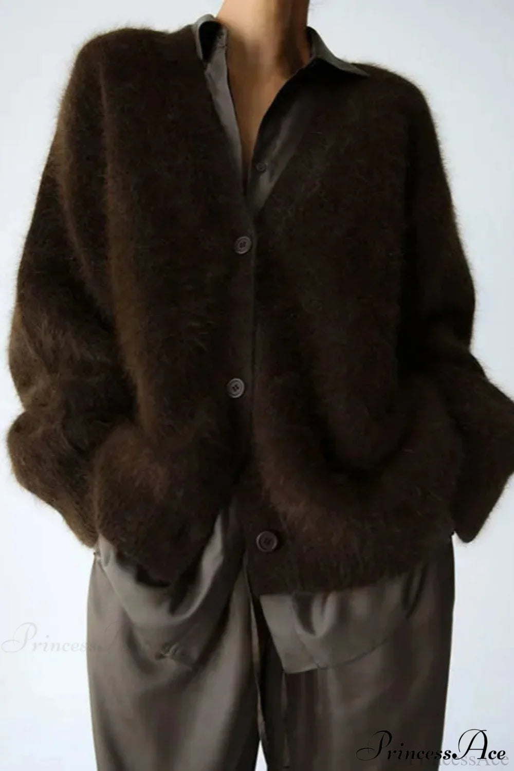 Wool Loose V-neck Long Sleeve Cardigan Dark Brown / S