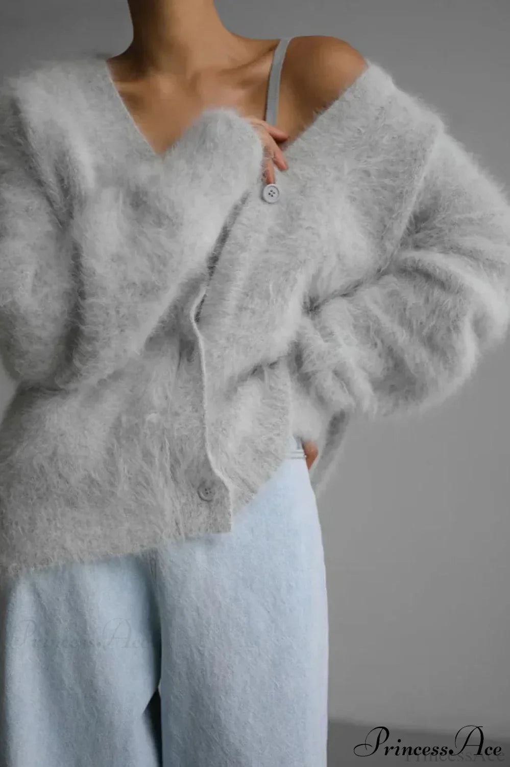 Wool Loose V-neck Long Sleeve Cardigan Gray / S