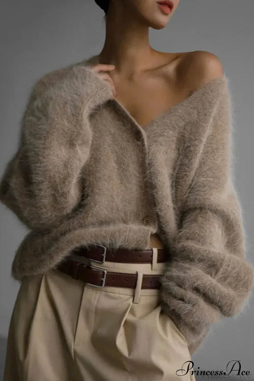 Wool Loose V-neck Long Sleeve Cardigan Khaki / S