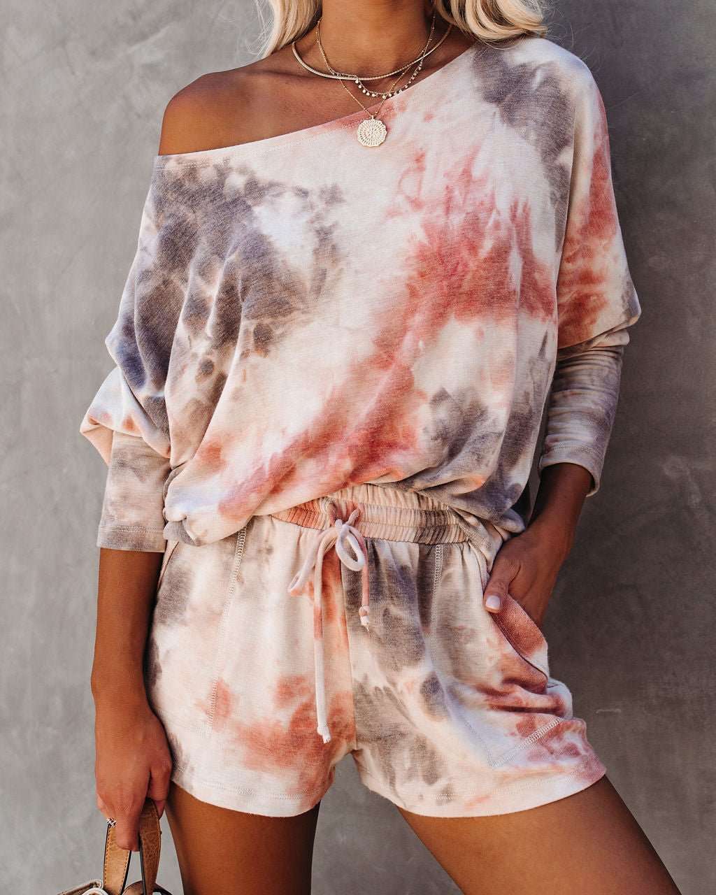 World Of Comfort Pocketed Tie Dye Knit Shorts - Coral/Taupe