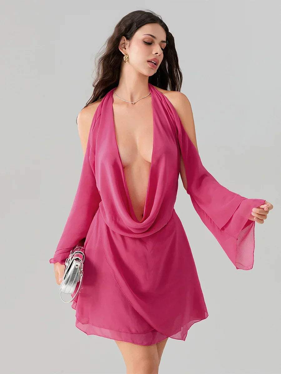 Halter Tie-Up Cowl Neck Mini Dress