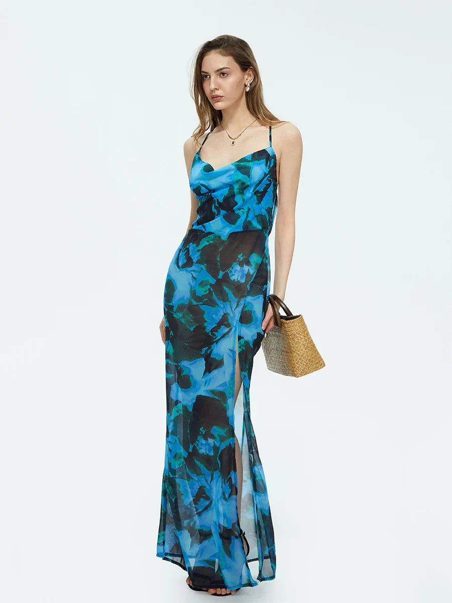 Tie-dyed Suspender Backless Floral Dress