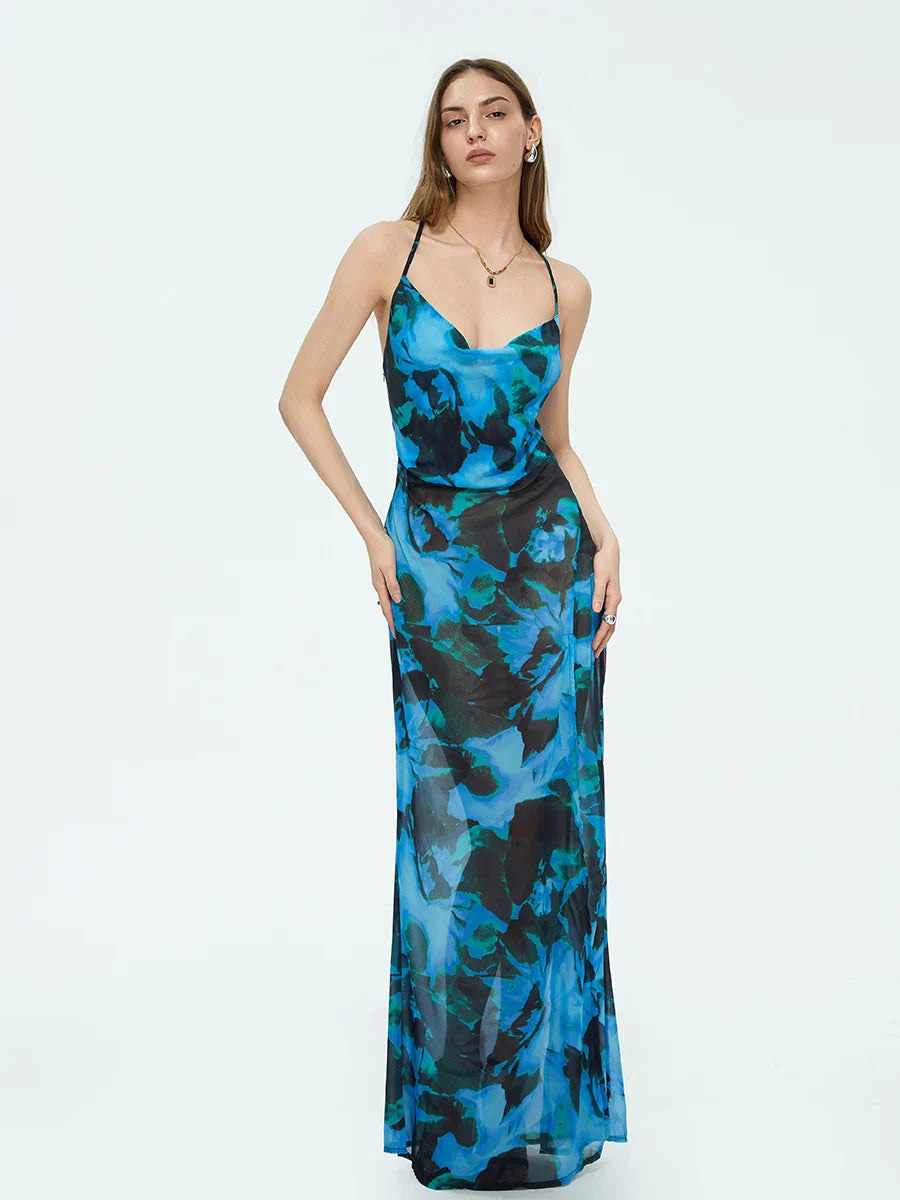 Tie-dyed Suspender Backless Floral Dress