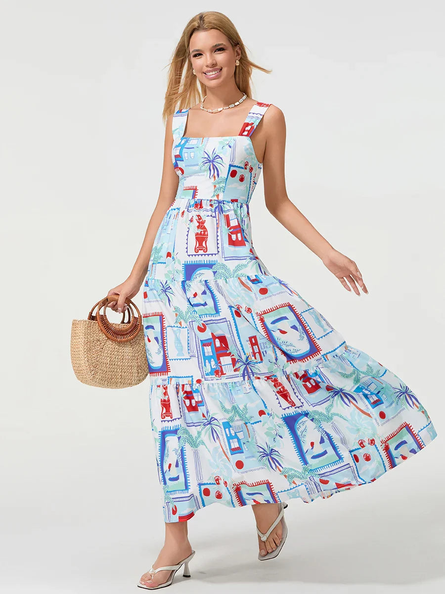 Bohemian Floral Geometric Print Flow Tank Square Neck Sleeveless A-Line Dress