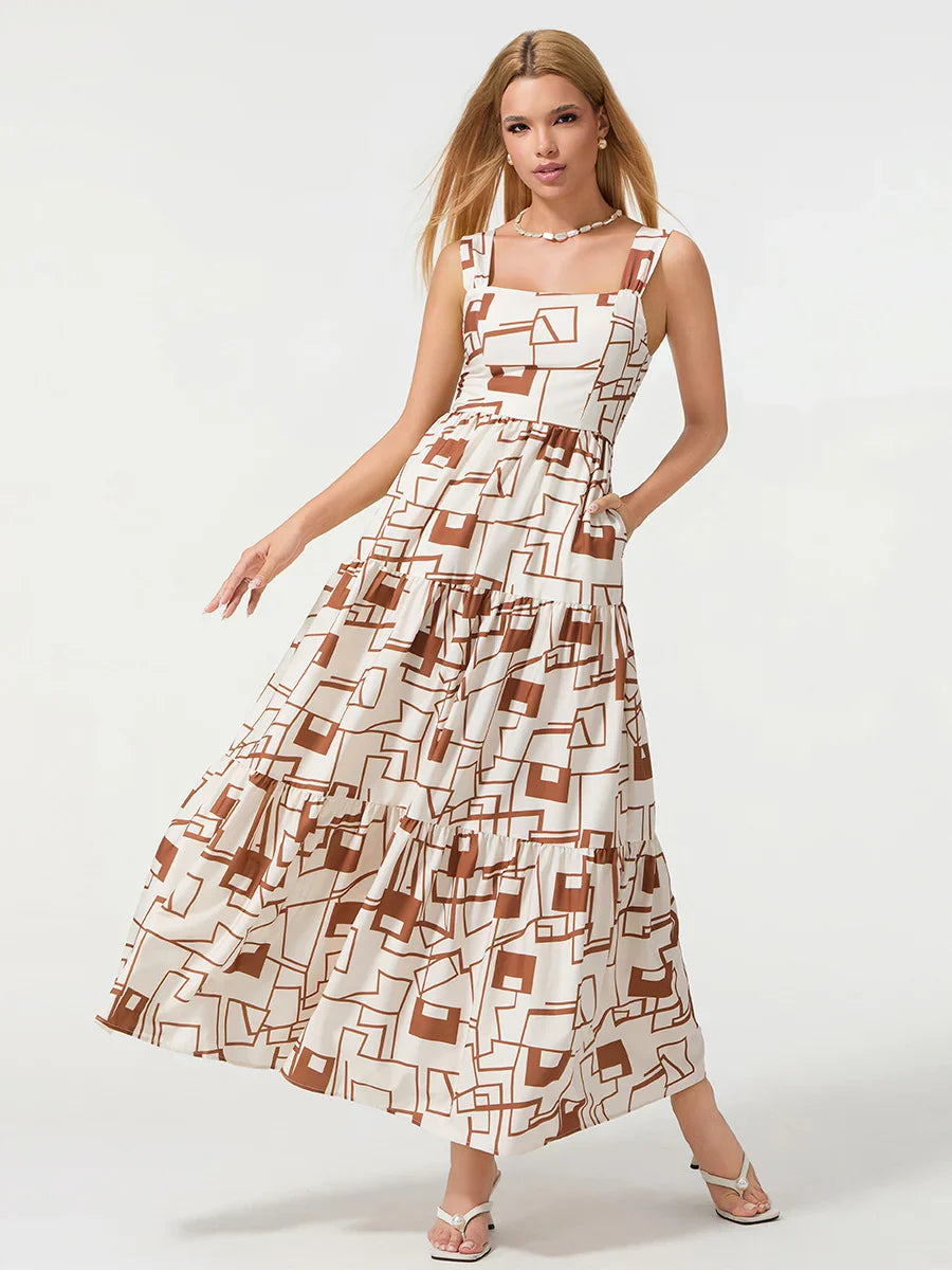 Bohemian Floral Geometric Print Flow Tank Square Neck Sleeveless A-Line Dress