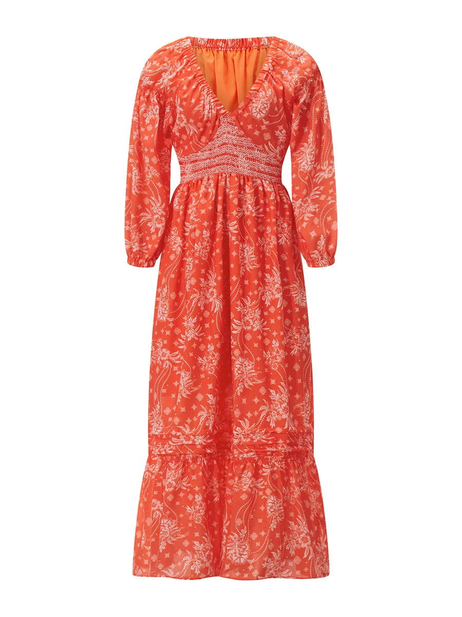 Bohemian Floral Print Puff Sleeve Swing Floral Dress