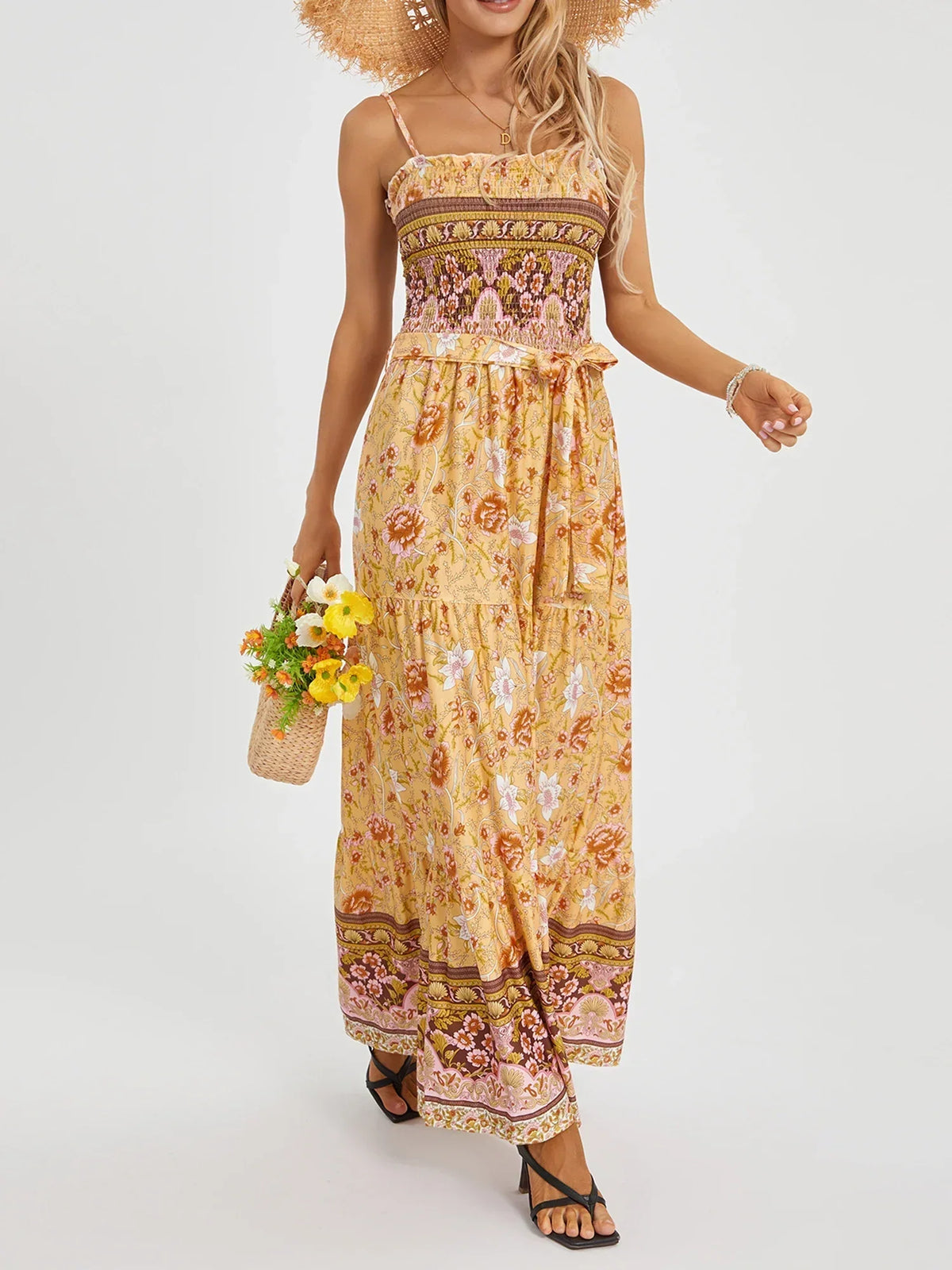 Floral Print Strappy Smocked Tiered Maxi Dress 9