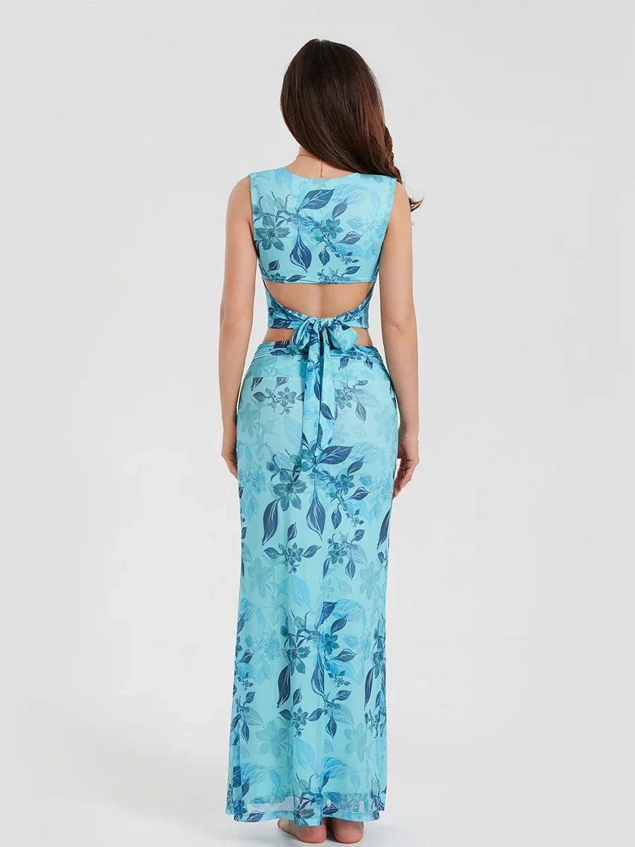 Floral Print Sleeveless Crop Top & Maxi Skirt Set
