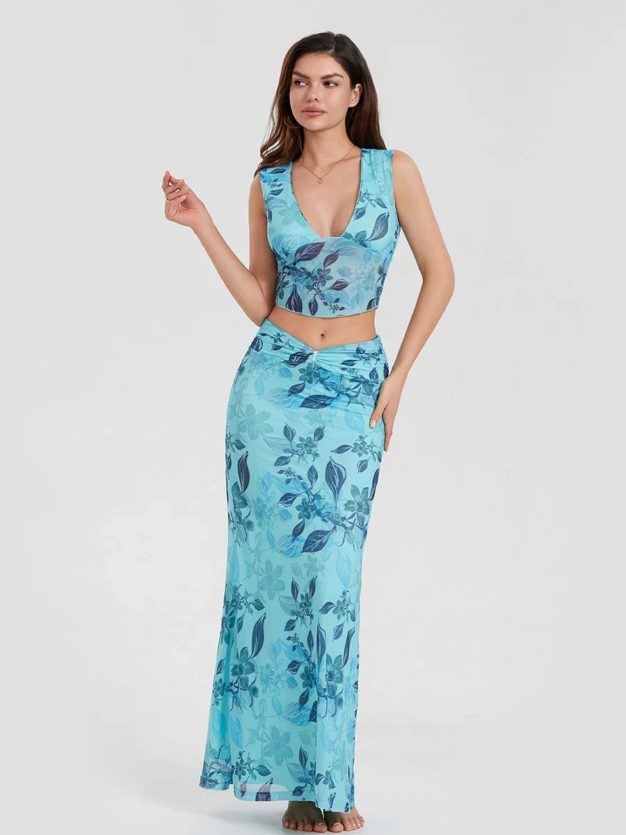 Boho Blue Floral Back Bandage Crop Tank Wrap Long Floral Dress Blue / S floraldress-250126